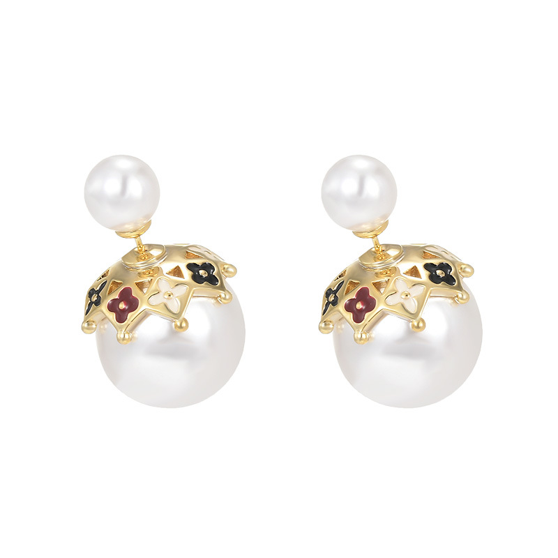 Double pearl earrings with gold-tone floral enamel caps